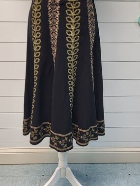 Vintage Sunny Leigh Black A-Line Midi Skirt with Gold Embroidered Vine Panels
